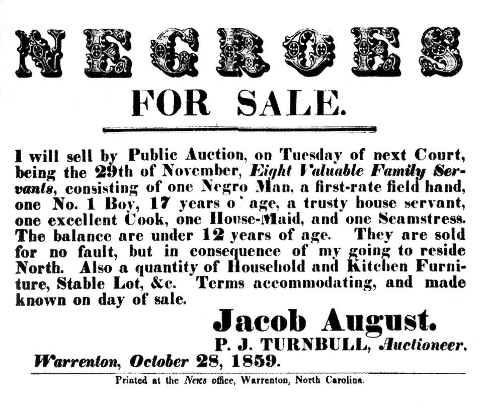 A flyer detailing an auction of enslaved people in 1859. <a href="https://www.gettyimages.com/detail/news-photo/flyer-announcing-a-slave-sale-united-states-news-photo/535783805?phrase=slave%20auction&adppopup=true" rel="nofollow noopener" target="_blank" data-ylk="slk:Photo12/Universal Images Group via Getty Images;elm:context_link;itc:0;sec:content-canvas" class="link ">Photo12/Universal Images Group via Getty Images</a>