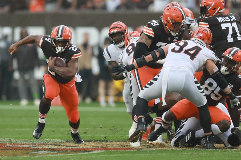 The Cleveland Browns lowered running back Nick Chubb's 2024 base salary. File Photo by Aaron Josefczyk/UPI