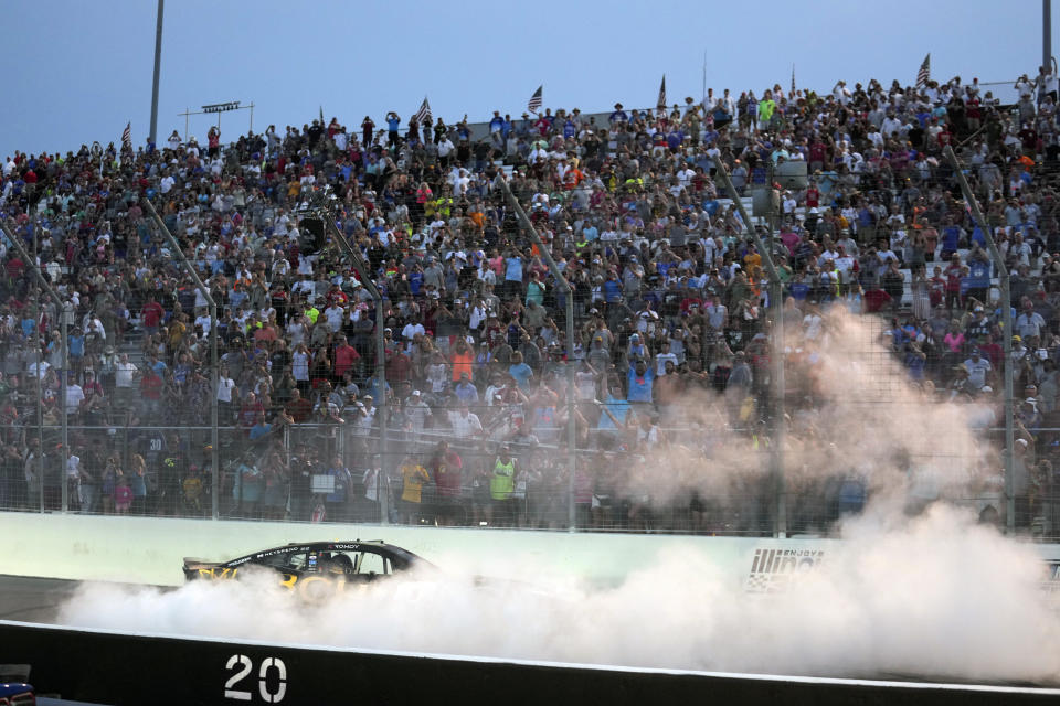 Kyle Busch celebrates after winning a NASCAR Cup Series auto race at World Wide Technology Raceway, Sunday, June 4, 2023, in Madison, Ill. (AP Photo/Jeff Roberson)