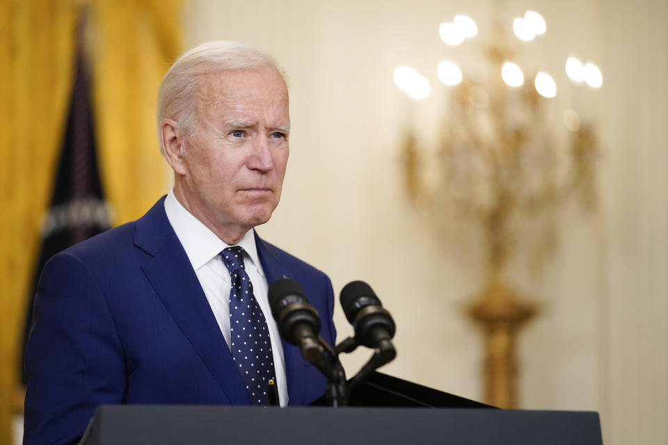 FILE - In this April 15, 2021, file photo President Joe Biden speaks about Russia in the East Room of the White House in Washington. In recent days, Biden has piled new sanctions on Russia, announced he would withdraw all U.S. troops from Afghanistan in less than five months and backed away from a campaign promise to sharply raise refugee admission caps. (AP Photo/Andrew Harnik, File)