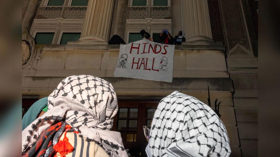 show signs "Hinds Hall" Hangs outside the building during the Columbia University takeover