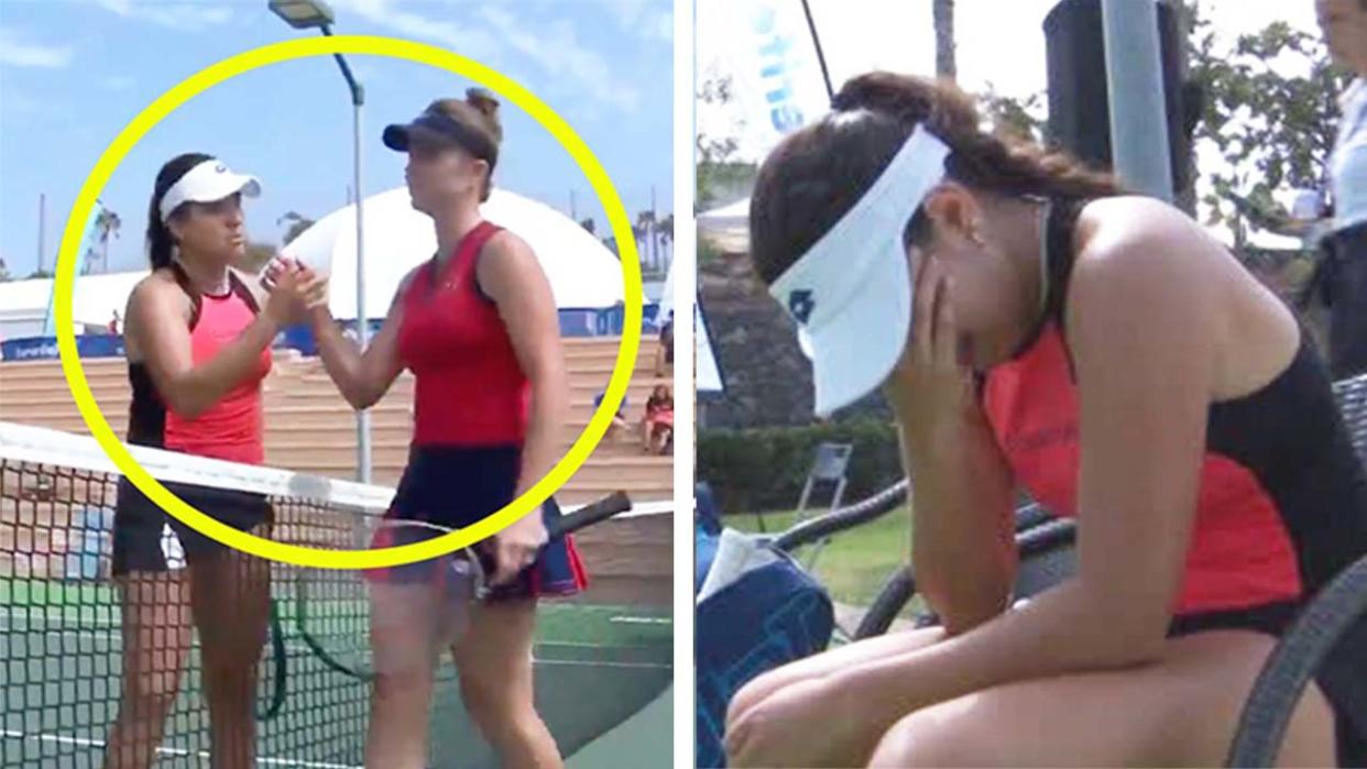 Camila Osorio (pictured right) celebrating in tears after defeating Elina Svitolina.