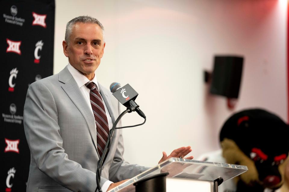 Cincinnati Bearcats head baseball coach Jordan Bischel speaks during a press conference at the Lindner Center in Cincinnati on Wednesday, June 21, 2023. 