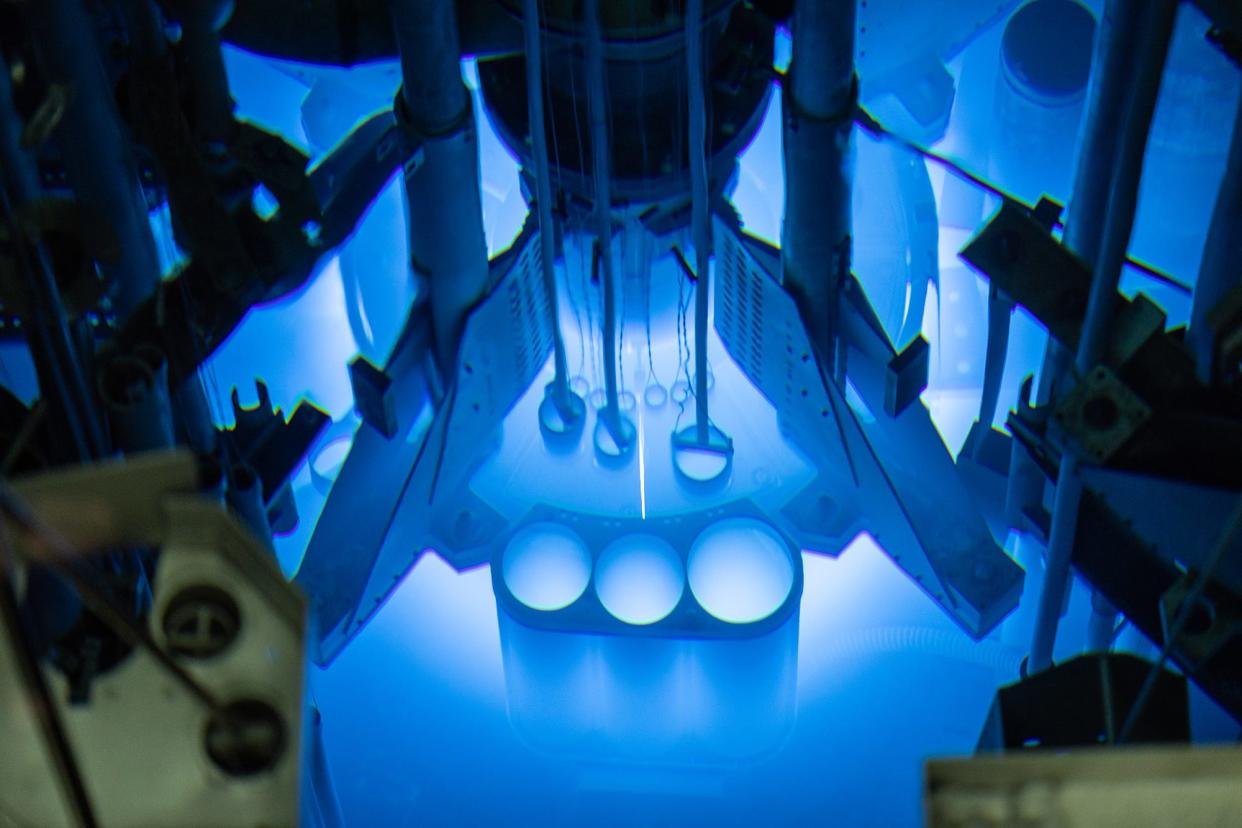 Situated in a 30-foot-deep pool, the 10-megawatt core of the MU Research Reactor (MURR) is used to expose samples and produce isotopes for medical radiopharmaceuticals and research.