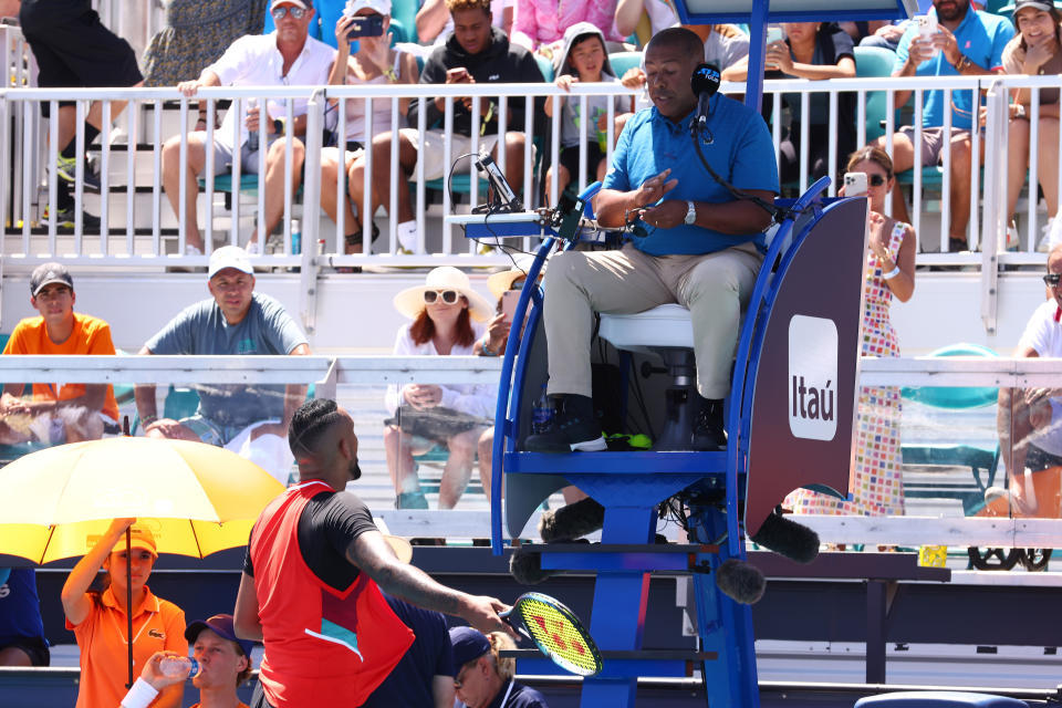 Nick Kyrgios, pictured here berating Carlos Bernardes in ugly scenes at the Miami Open.