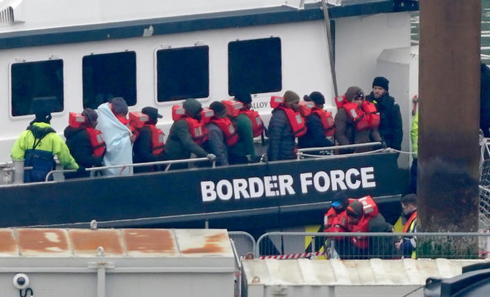 A group of people thought to be migrants are brought in to Dover, Kent, onboard a Border Force vessel, following a small boat incident in the Channel. Picture date: Wednesday January 25, 2023. (Photo by Gareth Fuller/PA Images via Getty Images)