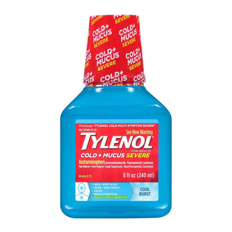 <p><strong>Tylenol</strong></p><p>amazon.com</p><p><strong>$6.06</strong></p><p><a rel="nofollow noopener" href="https://www.amazon.com/dp/B01EMZBUHK" target="_blank" data-ylk="slk:Shop Now;elm:context_link;itc:0;sec:content-canvas" class="link ">Shop Now</a></p><p><strong>Best for a Sore Throat</strong></p><p>When gargling warm salt water just won’t cut it any longer, our go-to sore throat remedy is this liquid variant of Tylenol. Although it doesn't have the best taste, its cool-burst flavor coats your throat nicely. It’s similar to menthol and seems to linger, and it immediately soothes your achy throat. The mixture also helps clear nasal passages, relieve coughs, and reduce fevers.<br> <br>As you’d expect from a Tylenol product, its active ingredient is 500 milligrams of acetaminophen in each 15 milliliter dosage. One word of caution - both the daytime and nighttime variant are blue, so make sure you read the label to avoid mixing them up. We’ve been guilty of accidentally taking the <a rel="nofollow noopener" href="https://www.amazon.com/TYLENOL-Cold-Nighttime-Burst-Liquid/dp/B00BK6PXPU" target="_blank" data-ylk="slk:Cold Max Nighttime;elm:context_link;itc:0;sec:content-canvas" class="link ">Cold Max Nighttime</a> liquid in the morning, which made for a very sluggish and groggy day. <br></p>