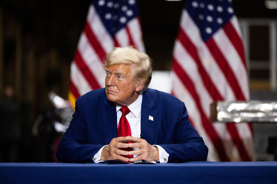 YORK, PENNSYLVANIA - AUGUST 19: Republican Presidential nominee, former president Donald J. Trump remarks during a campaign event at Precision Custom Components on August 19, 2024 in York, Pennsylvania. Coinciding with the start of the Democratic National Convention, Trump held the event in the key battleground state of Pennsylvania, a swing state in the 2024 Presidential election against Democratic presidential candidate U.S. Vice President Kamala Harris. (Photo by Tierney L. Cross/Getty Images)