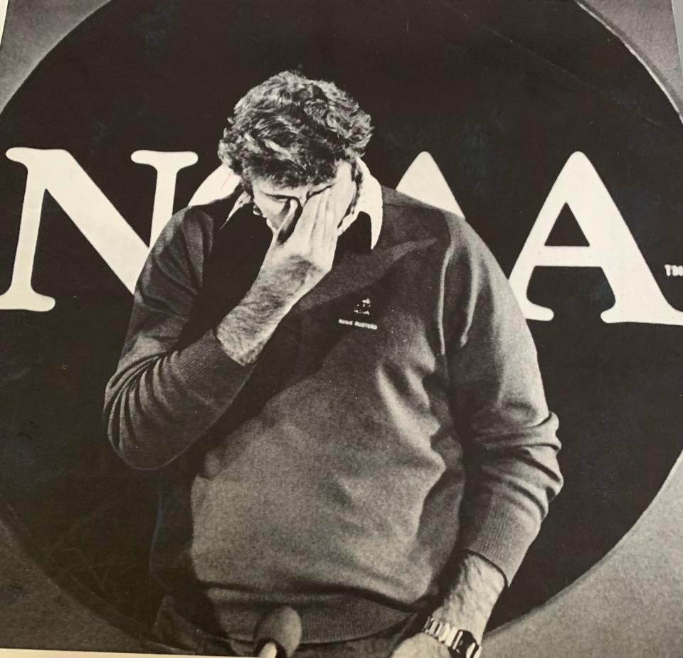 March 29, 1981: Bob Knight at a news conference prior to the national title game. The IU coach had to face questions about an altercation at the Cherry Hill (N.J.) Inn with an LSU fan.