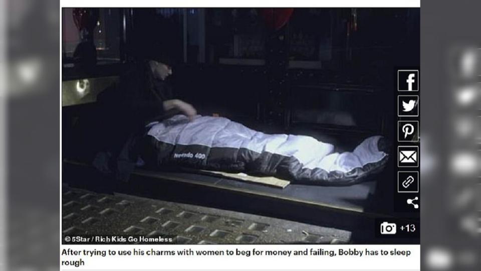 倫敦億萬富豪之子Bobby挑戰街友生活3天，體會任何事都不是理所當然。圖／截自每日郵報