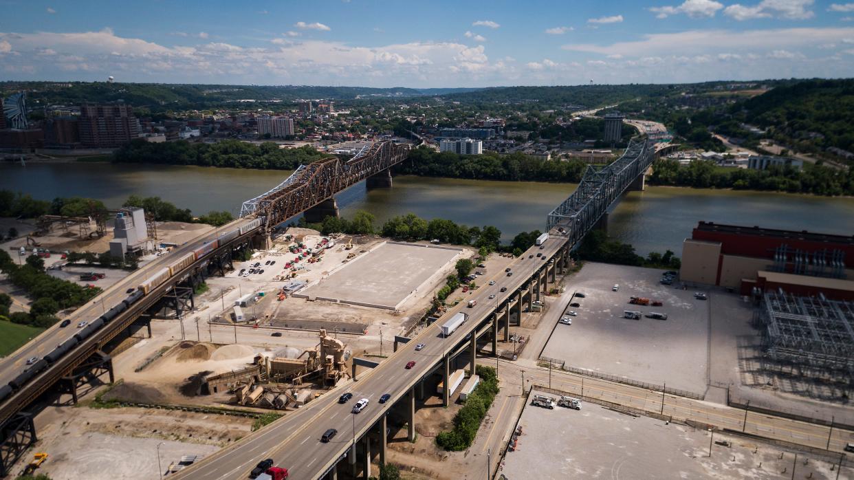 An aerial view of the I-71 junction over the Brent Spence Bridge across the Ohio River between Cincinnati and Covington, Ky., on Tuesday, July 12, 2022. (Sam Greene & Albert Cesare/The Enquirer)