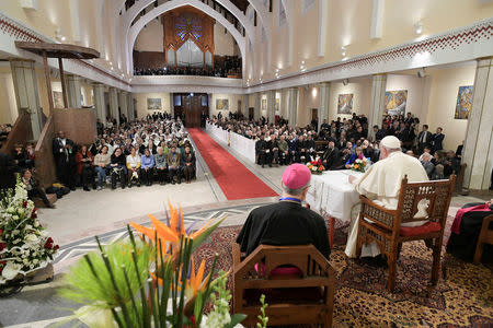 Pope Francis is seen during a meeting with representatives of other Christian denominations at Saint Peter's Cathedral in Rabat, Morocco, March 31, 2019. Vatican Media/­Handout via REUTERS