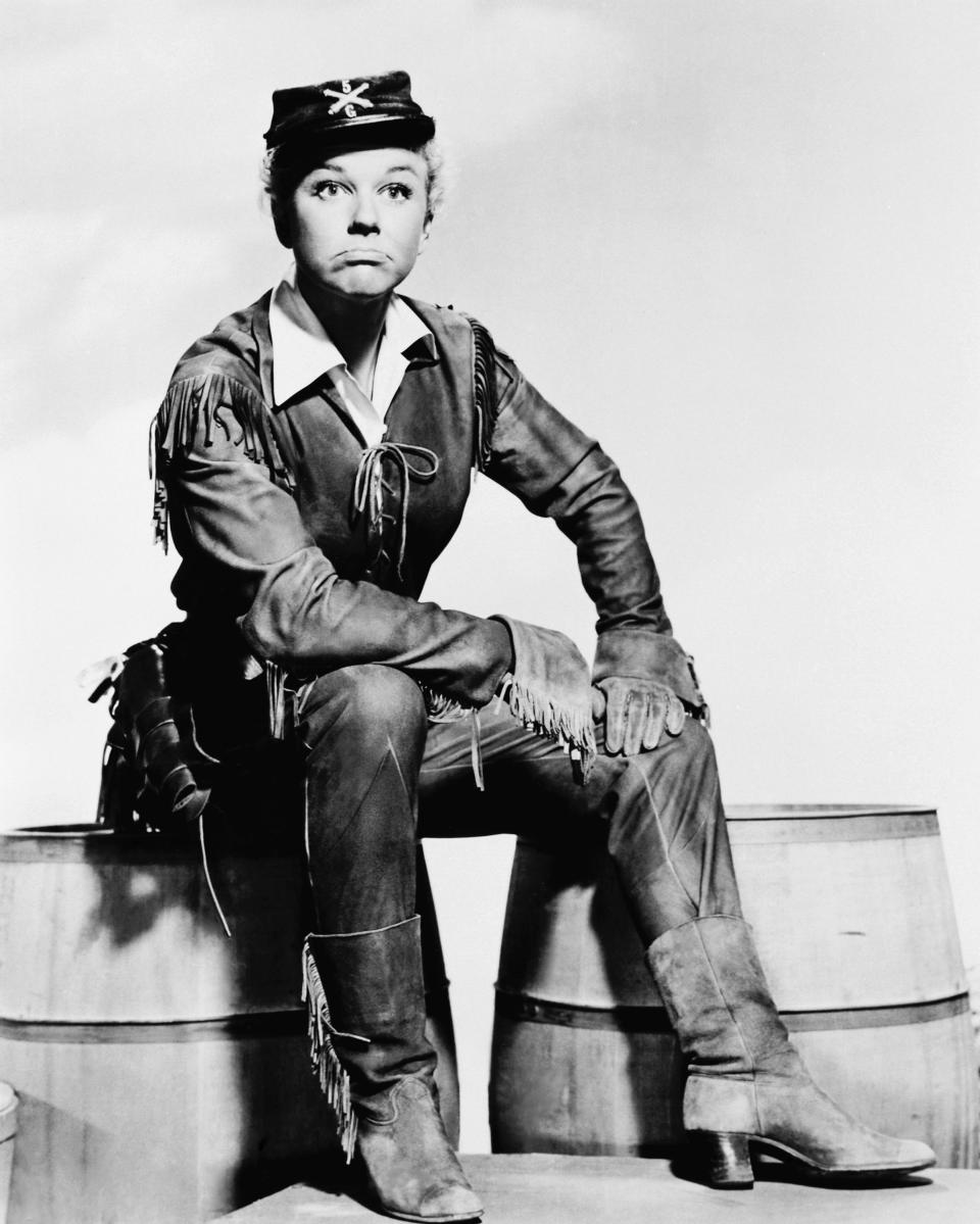American actress and singer Doris Day as the famous 19th century American frontierswoman Calamity Jane in the Warner Brothers musical 'Calamity Jane', 1953.