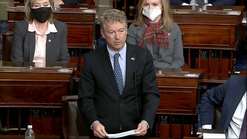 In this image from video, Sen. Rand Paul, R-Ky., makes a motion that the impeachment trial against former President Donald Trump is unconstitutional in the Senate at the U.S. Capitol in Washington, Tuesday, Jan. 26, 2021. (Senate Television via AP)