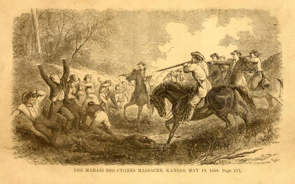 An illustration of Confederate guerrillas executing a group of free staters during the Marais des Cygnes Massacre on May 19, 1858.