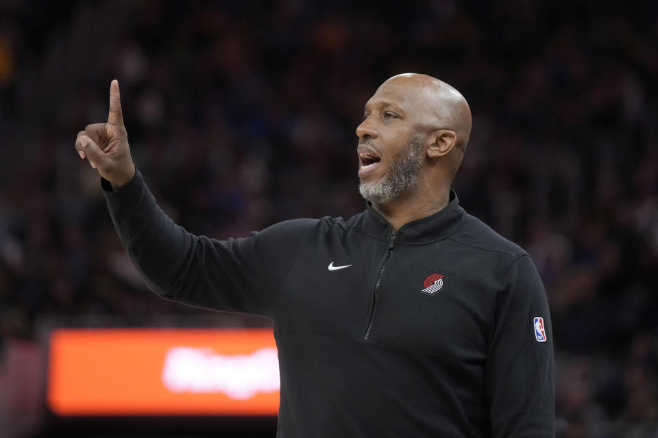 Portland Trail Blazers coach Chauncey Billups gestures to players during the second half of the team's NBA basketball game against the Golden State Warriors in San Francisco, Saturday, Dec. 23, 2023. (AP Photo/Jeff Chiu)