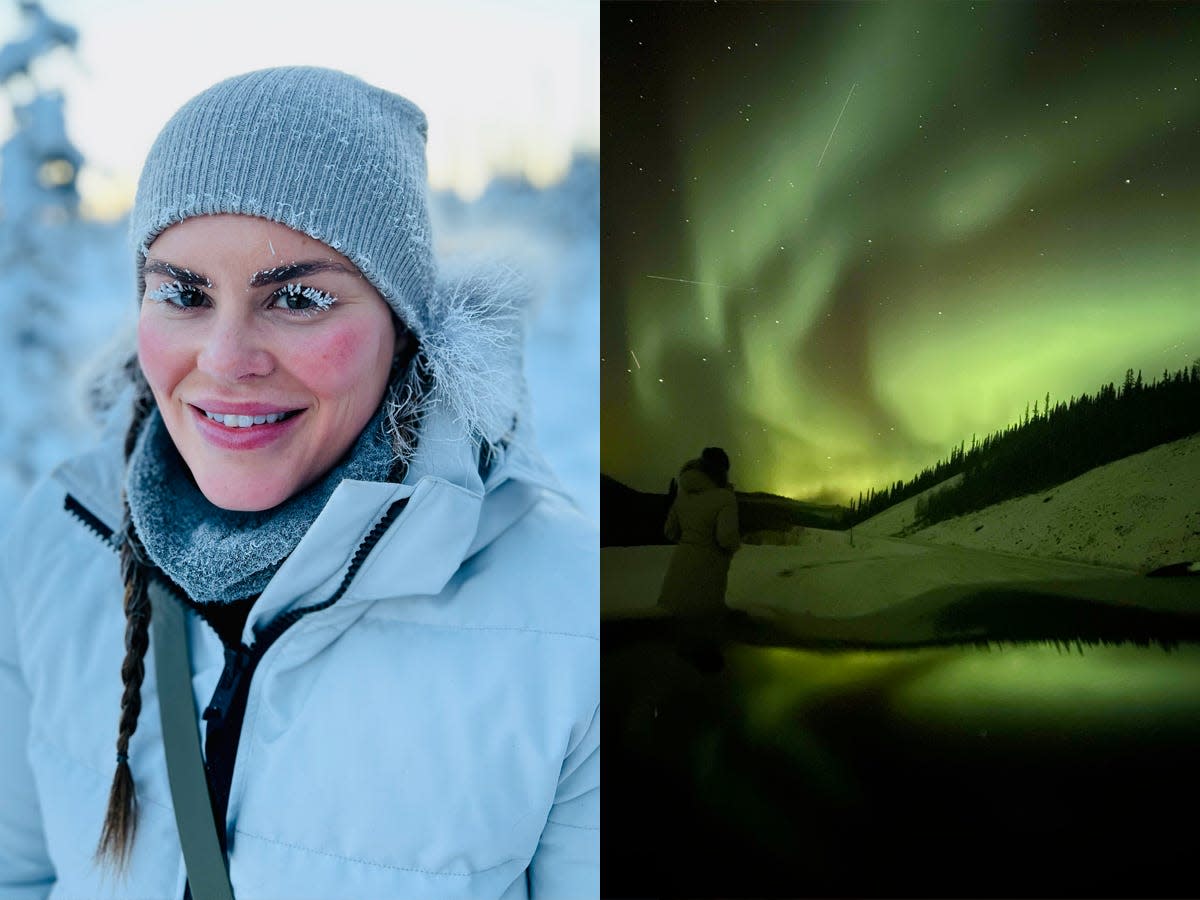 hilary standing in a snowy outdoor scene with frozen eyelashes in remote canada next to a sweeping photo of hilary standing in front of green northern lights above mountains