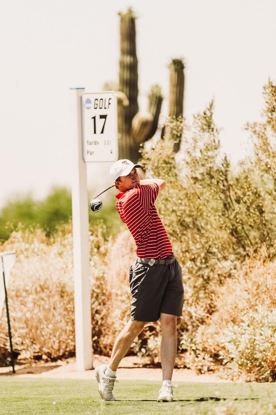 Texas Tech golfer Sandy Scott hits a driver during the Red Raiders' NCAA match-play quarterfinal Tuesday against Vanderbilt. Scott won his match, but the Commodores beat the Red Raiders 3-2.