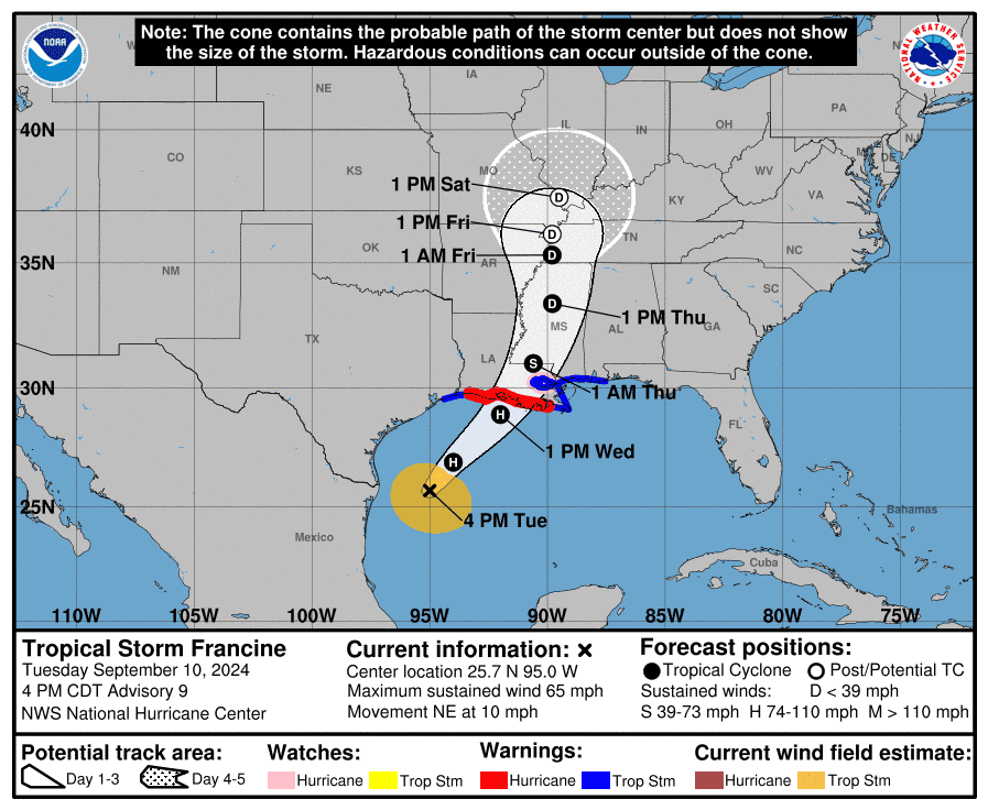 This forecast cone graphic from the National Hurricane Center still calls for Francine to reach hurricane strength as it moves toward a Louisiana landfall, then it's forecast to rapidly weaken as it encounters a front along the coast.