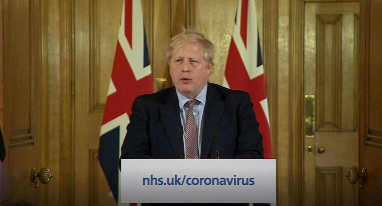 A screen-grab of Prime Minister Boris Johnson (centre) speaking at a media briefing in Downing Street, London, on Coronavirus (COVID-19) after he had taken part in the government�s COBRA meeting. Picture date: Monday March 16, 2020. See PA story HEALTH Coronavirus. Photo credit should read: PA Video/PA Wire