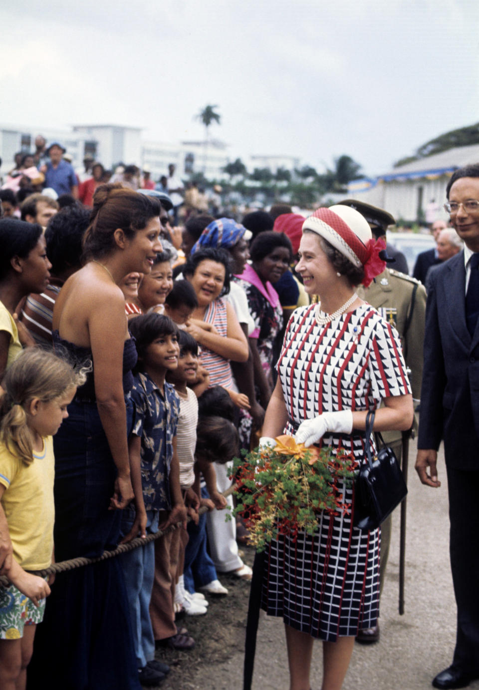 Queen Elizabeth II on a walkabout in Bridgetown, Barbados, during her Silver Jubilee tour of the Caribbean.