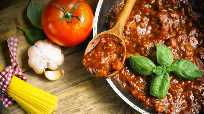 Bolognese sauce in a saucepan 