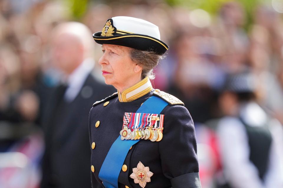 Britain's Princess Anne follows the coffin of Queen Elizabeth II during a procession from Buckingham Palace to Westminster Hall in London, Wednesday, Sept. 14, 2022.