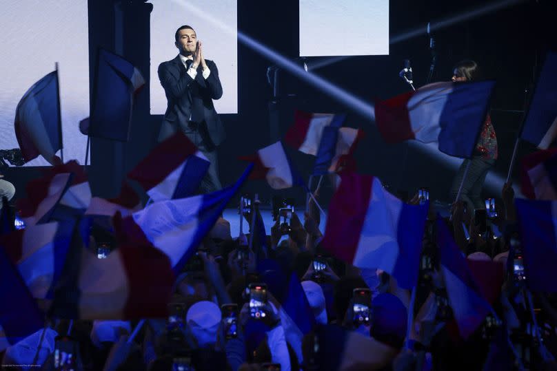 Lead candidate of the French far right National Rally Jordan Bardella for the upcoming European elections speaks during a meeting Sunday, June 2, 2024 in Paris.