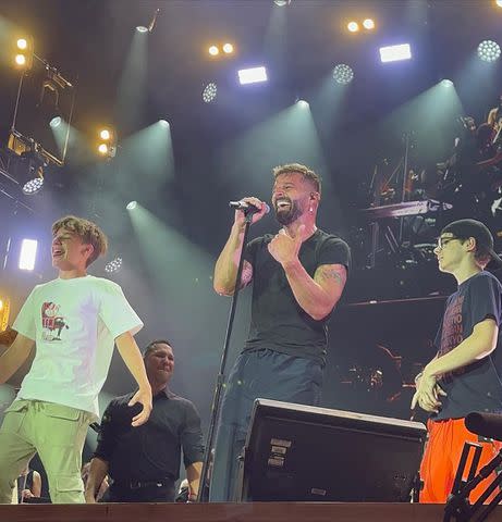 <p>FabiÃ¡n PiÃ±atares/Instagram</p> Ricky martin with twin sons on stage in Switzerland.