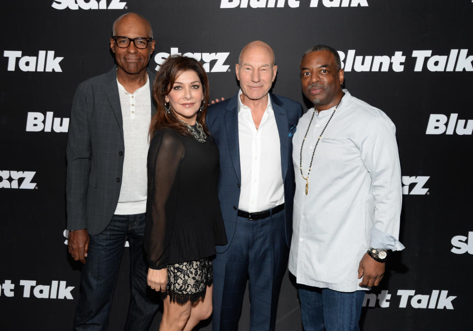 LOS ANGELES, CA - AUGUST 10:  (L-R) Actors Michael Dorn, Marina Sirtis, Patrick Stewart and LeVar Burton attend the STARZ' "Blunt Talk" series premiere on August 10, 2015 in Los Angeles, California.  (Photo by Michael Kovac/Getty Images for STARZ)