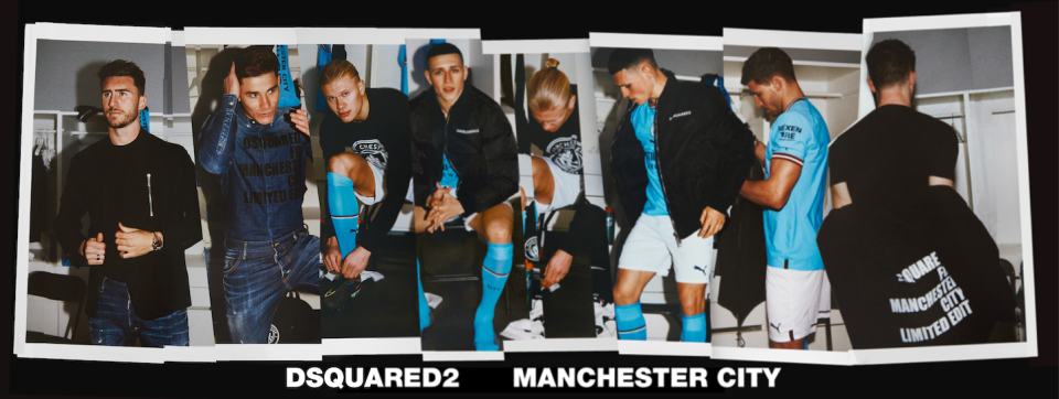 Aymeric Laporte, Julian Alvarez, Erling Haaland, Phil Foden and Ruben Dias appear in the Dsquared2 x Manchester City capsule collection campaign.