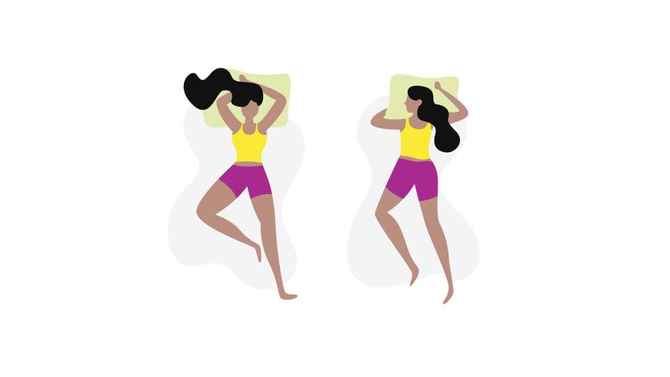 Two illustrations side by side of a woman sleeping on her front and on her back