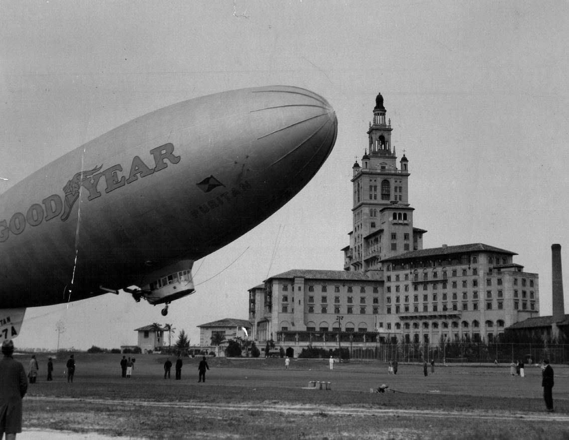 The Goodyear blimp Puritan leaves the Biltmore in Coral Gables in 1964 after picking up people who were paying golf there.