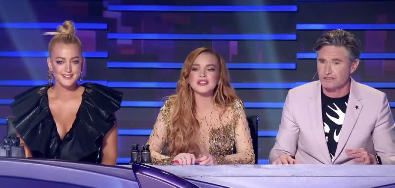 The Masked Singer judging panel featuring Jackie O Henderson, Lindsay Lohan and David Hughes