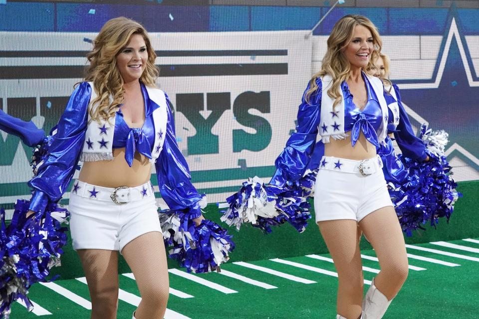 Jenna Bush Hager, left, and Savannah Guthrie dress as Dallas Cowboys Cheerleaders during NBC's Today show Halloween celebration Friday.