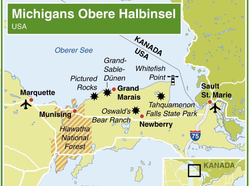 Bei Michigans Oberer Halbinsel treffen der Superior-, der Michigan- und der Huronsee aufeinander. Foto: dpa-infografik