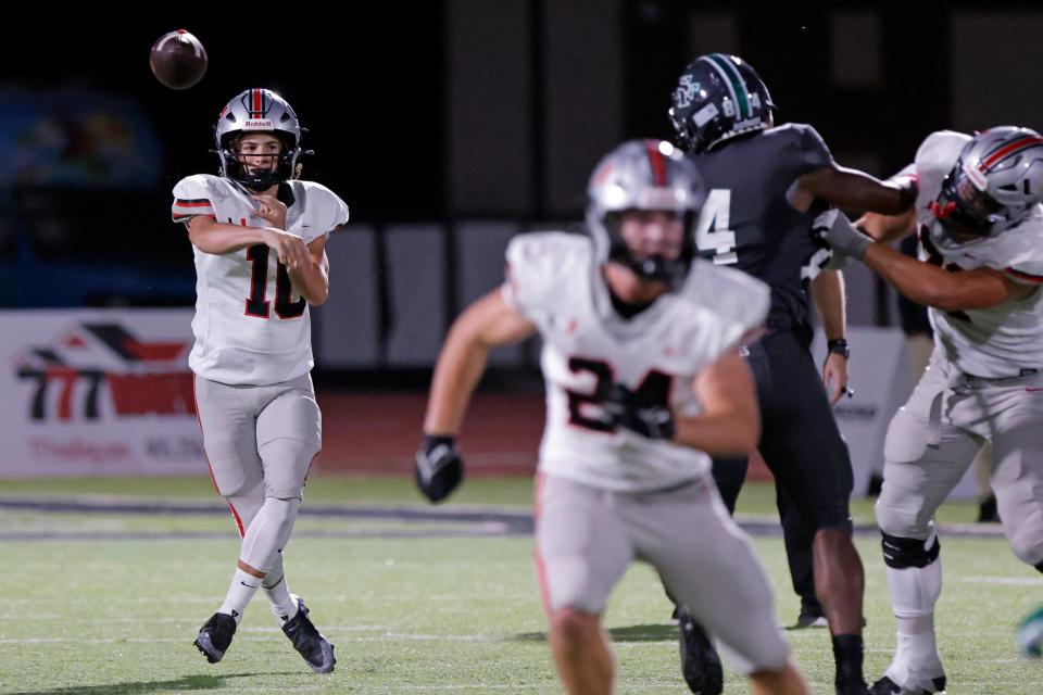 Tulsa Union quarterback Kason Delgado (10) passes against Edmond Santa Fe during a high school football game at Wolves Stadium in Edmond, Okla., Friday, Oct. 6, 2023.