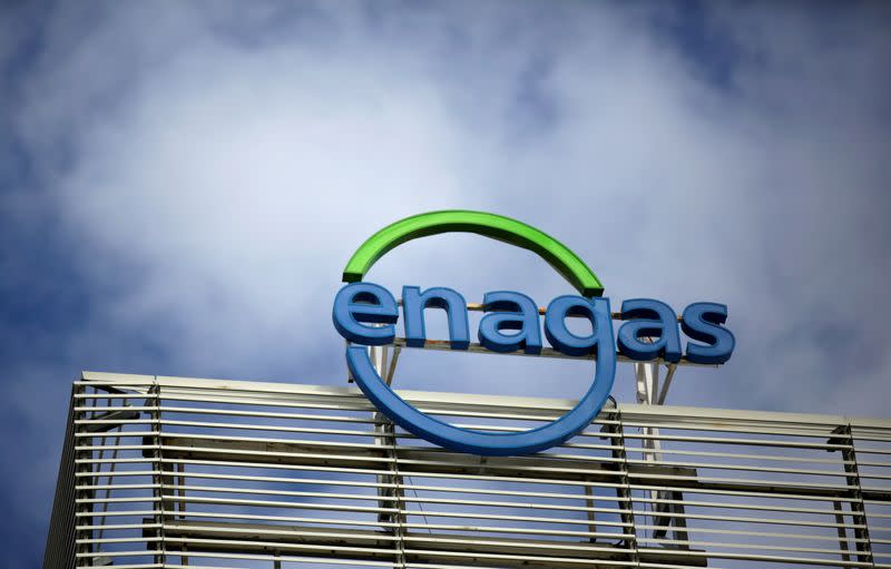 FILE PHOTO: The logo of Enagas is seen on top of the headquarters in Madrid, Spain