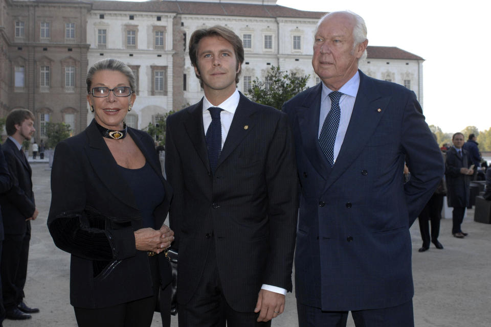 From right, Prince Vittorio Emanuele of Savoy, his son Emanuele Filiberto, and his wife Marina Doria attend the inauguration of the Reggia di Venaria Reale after its restoration, in Turin, northern Italy, Oct. 12, 2007. Prince Vittorio Emanuele, son of Italy’s last king, Umberto II, has died. He was 86. The Savoy Royal House said in a statement that he died on Saturday, Feb. 3, 2024, in Geneva, Switzerland. Vittorio Emanuele was obliged to leave Italy for exile when he was only 9, after Italians voted to abolish the monarchy in 1946. (Manuele Mangiarotti/LaPresse via AP)