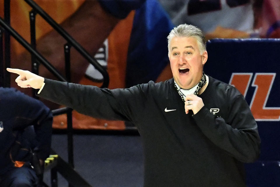 Purdue head coach Matt Painter gives directions from the sideline in the first half of an NCAA college basketball game against Illinois, Saturday, Jan. 2, 2021, in Champaign, Ill. (AP Photo/Holly Hart)