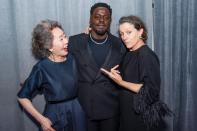 <p>Backstage at the Oscars on Sunday, three of the four acting winners — Youn Yuh-jung, Daniel Kaluuya and Frances McDormand — pose for photographers. </p>