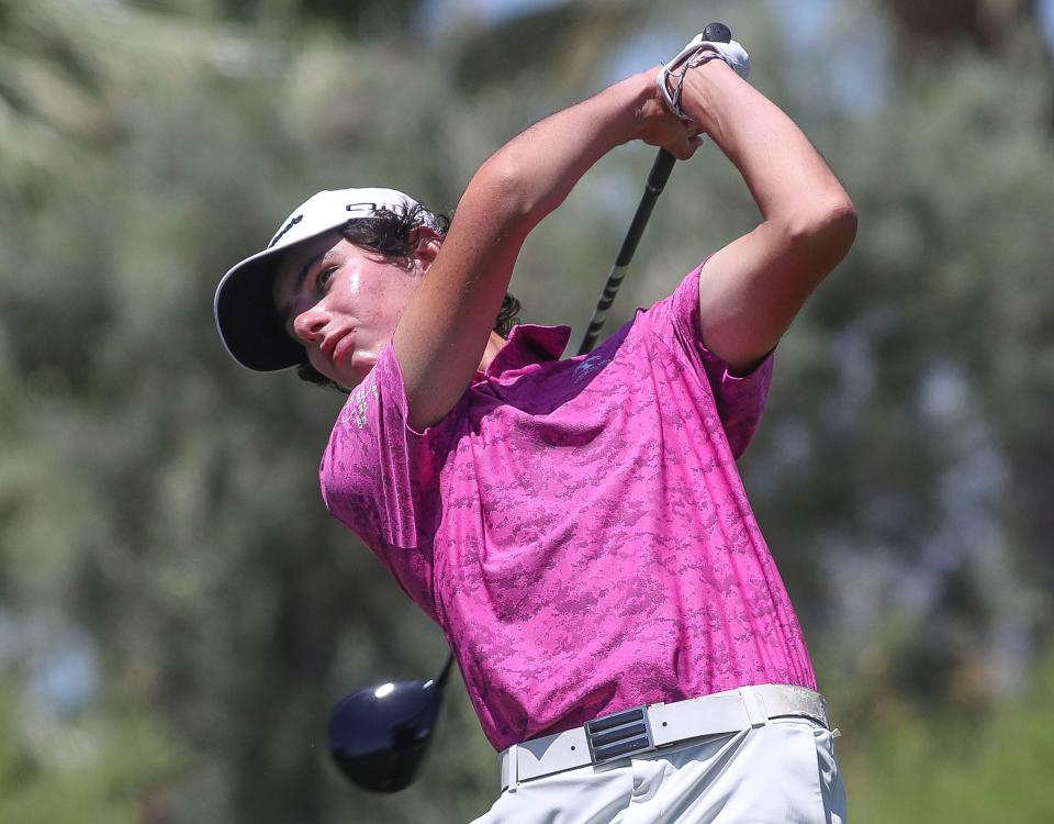Max Margolis, who plays for Palm Desert High School, tees off on the 10th hole at Andalusia during the U.S. Open local qualifier in La Quinta, Calif., May 7, 2024.