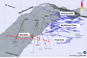 Topographic slice showing layout of the 2020 drilling at the Day Zone. The main zone can be traced between pad Day-1 and Day-2.