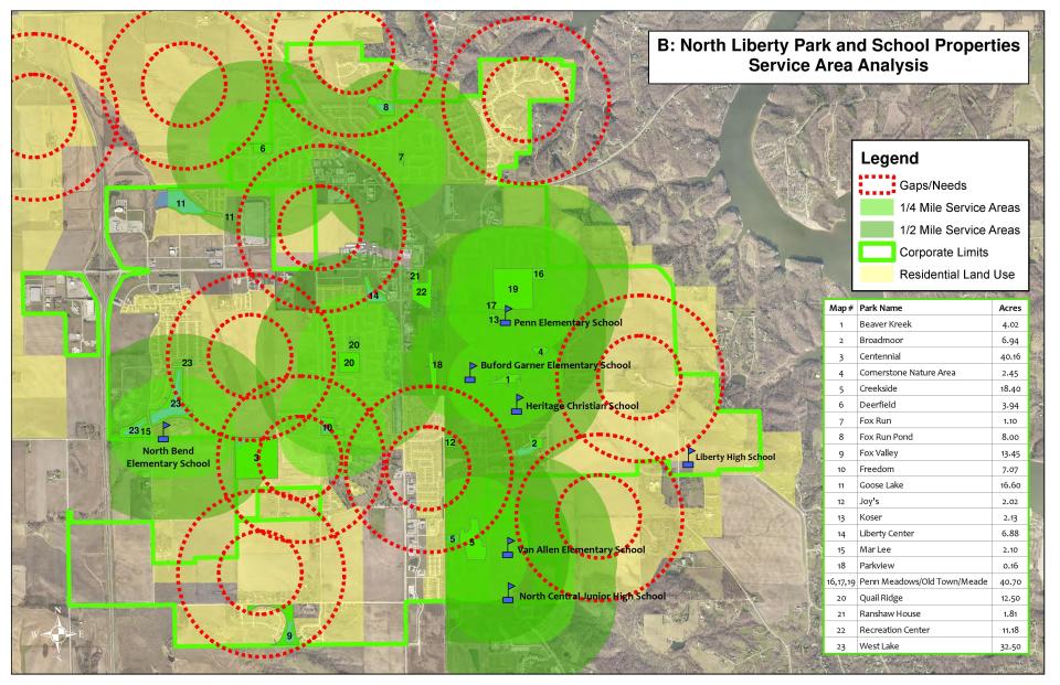 A map of North Liberty park and school properties and an analysis of the areas they service in the city was presented to North Liberty City Council on Tuesday, July 26, 2022.