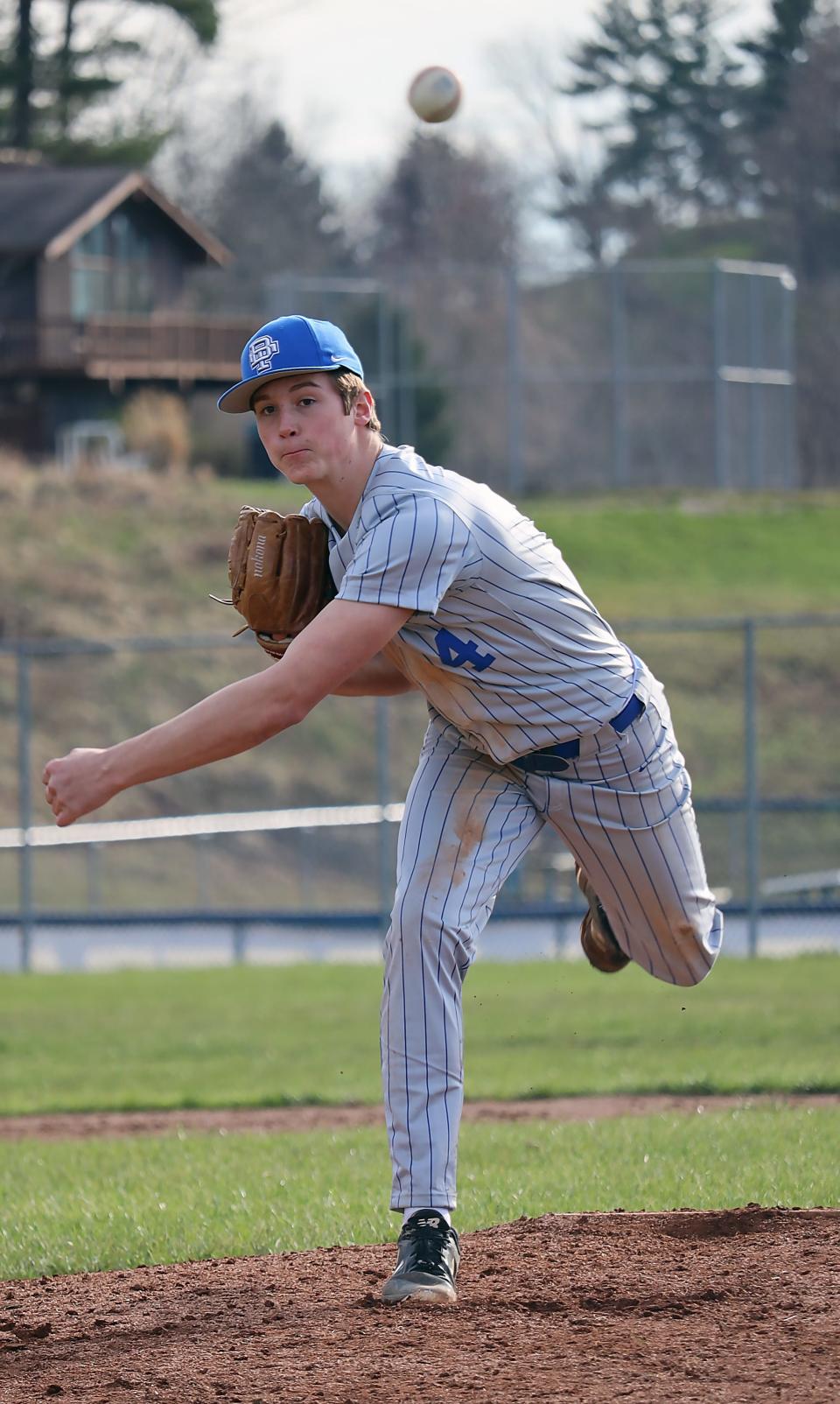 Buckeye Trail's Nick Neuhart (4) delivers a pitch during a 10-1 victory over visiting Bridgeport earlier this season. Neuhart was named IVC Player of the Year for the IVC champion Buckeye Trail squad.