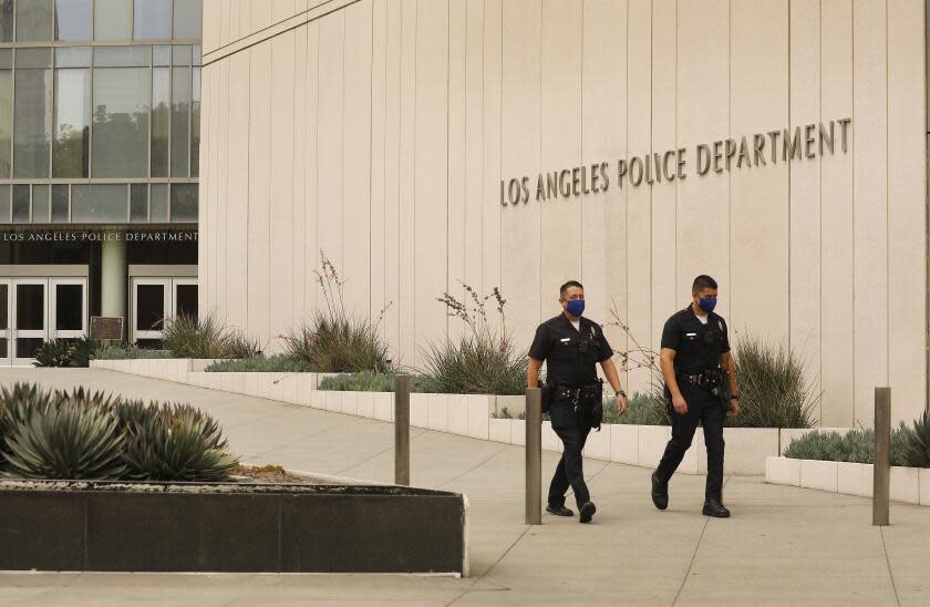 LOS ANGELES, CA - JULY 01: Los Angeles Police Headquarters located at First and Spring Street in downtown Los Angeles July 1, 2020 as Los Angeles City Council voted to cut hiring at the LAPD, pushing the number of sworn officers well below 10,000 and abandoning a budget priority once seen as untouchable by city leaders. LAPD Headquarters on Wednesday, July 1, 2020 in Los Angeles, CA. (Al Seib / Los Angeles Times)