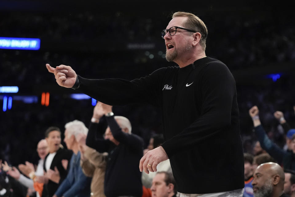 Philadelphia 76ers head coach Nick Nurse reacts after a call during the second half of Game 2 in an NBA basketball first-round playoff series against the New York Knicks, Monday, April 22, 2024, in New York. (AP Photo/Frank Franklin II)