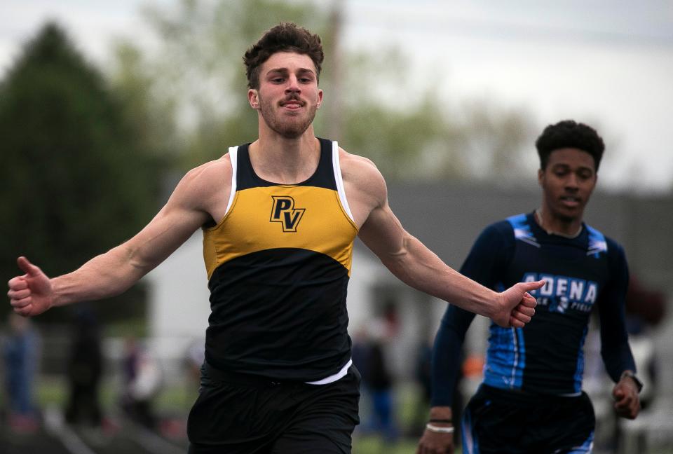 Paint Valley's Cole Miller crosses the finish line during the Boys 100 Meter Dash during the Ross County Track and Field Meet at Adena High School on May 2, 2023, in Frankfort, Ohio.