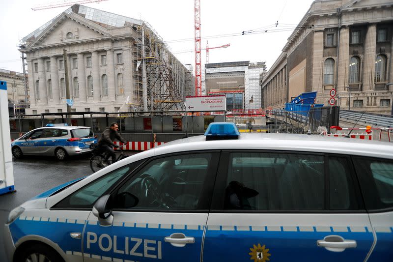 A police car is pictured in front of the Pergamonmuseum in Berlin