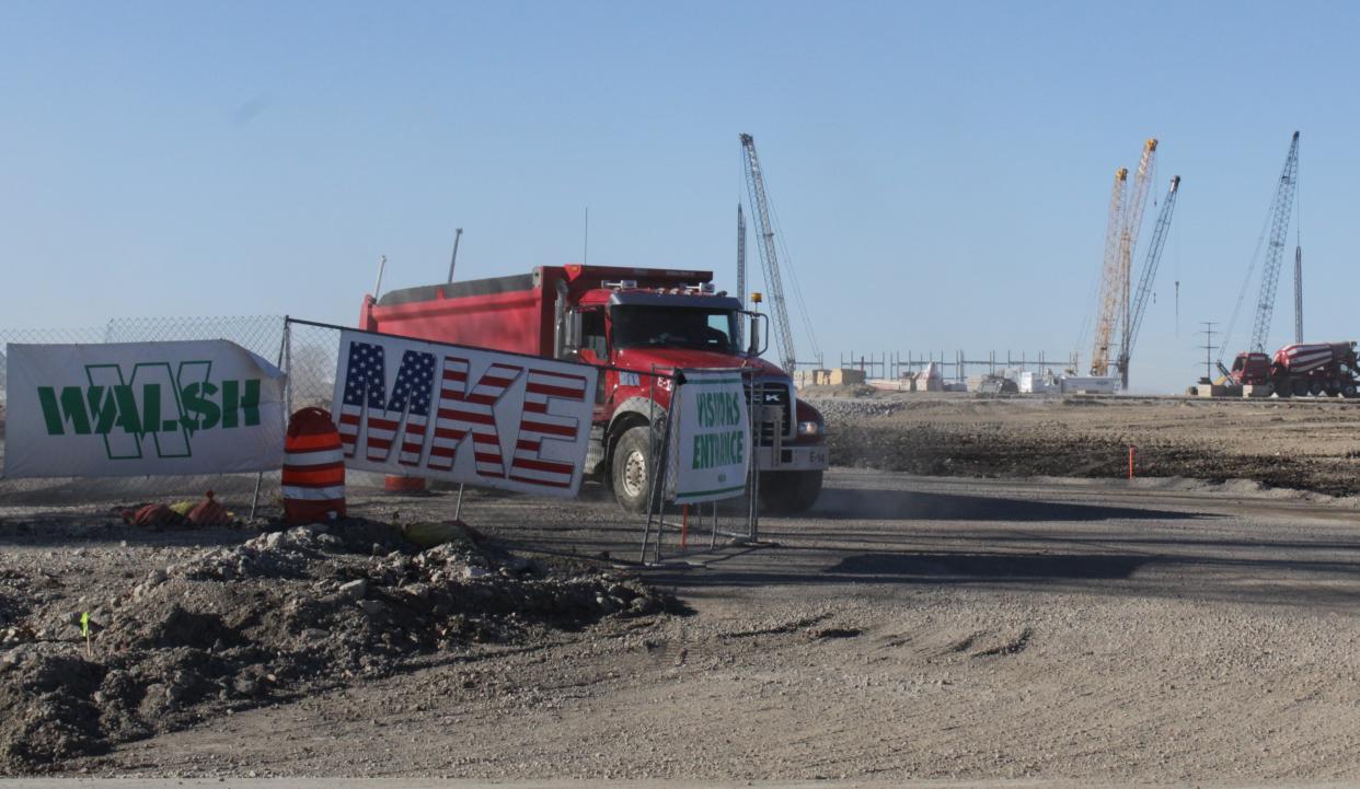 A truck leaves the construction site of first building of Microsoft's $1 billion data center development on County KR and 90th Street in Mount Pleasant. Microsoft refers to the development as MKE1.